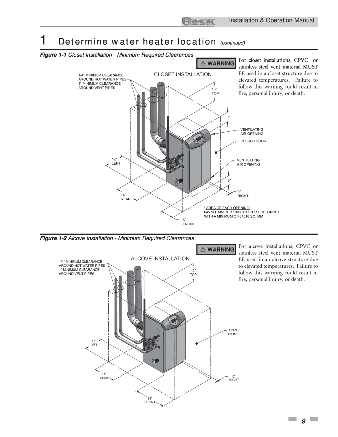 Lochinvar 151 operation manual Determine water heater location continued, Installation & Operation Manual 