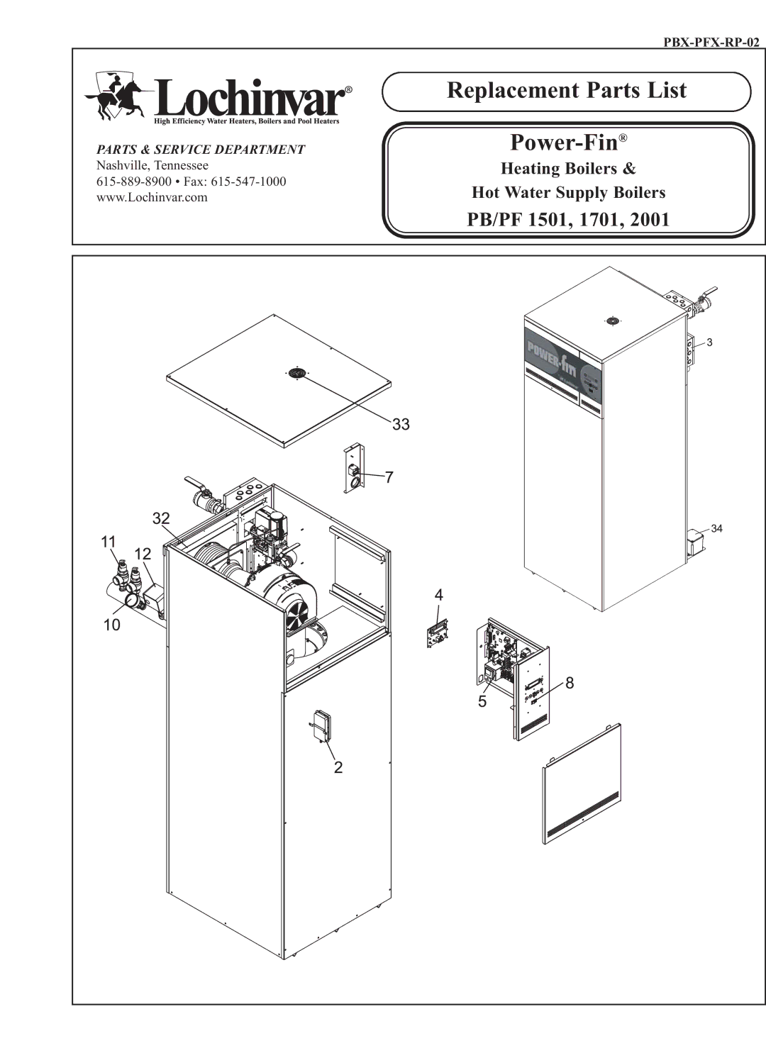 Lochinvar 1701, 2001, PB/PF 1501 manual Replacement Parts List 