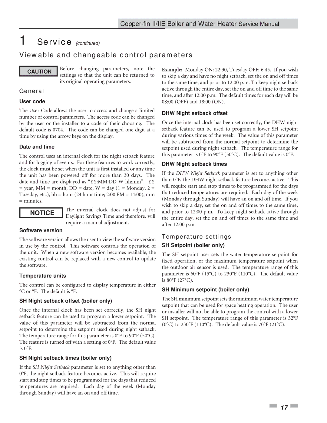 Lochinvar 402, 2072 service manual Viewable and changeable control parameters, Temperature settings 