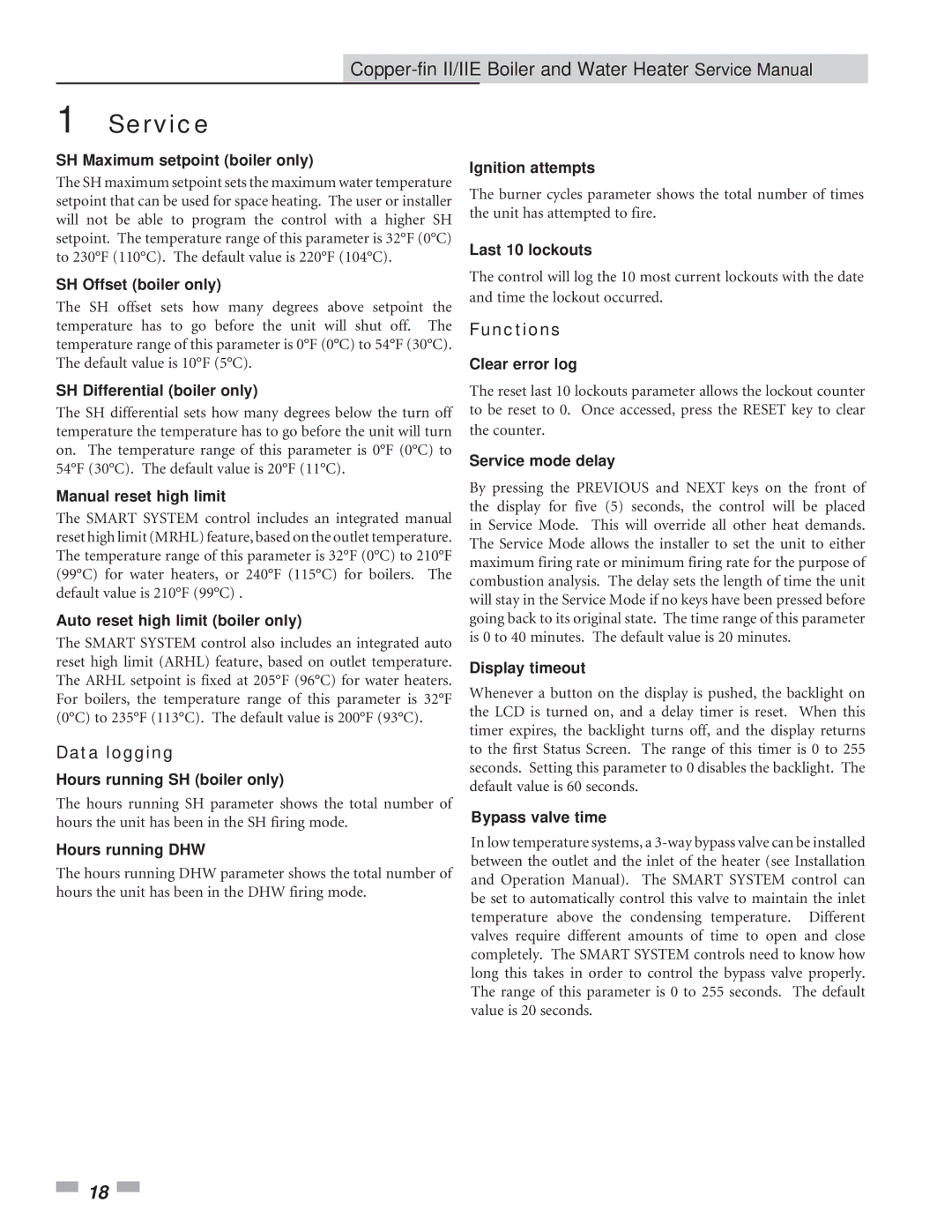 Lochinvar 2072, 402 service manual Data logging, Functions 