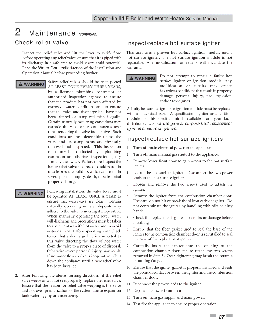 Lochinvar 402, 2072 service manual Check relief valve, Inspect/replace hot surface igniters 