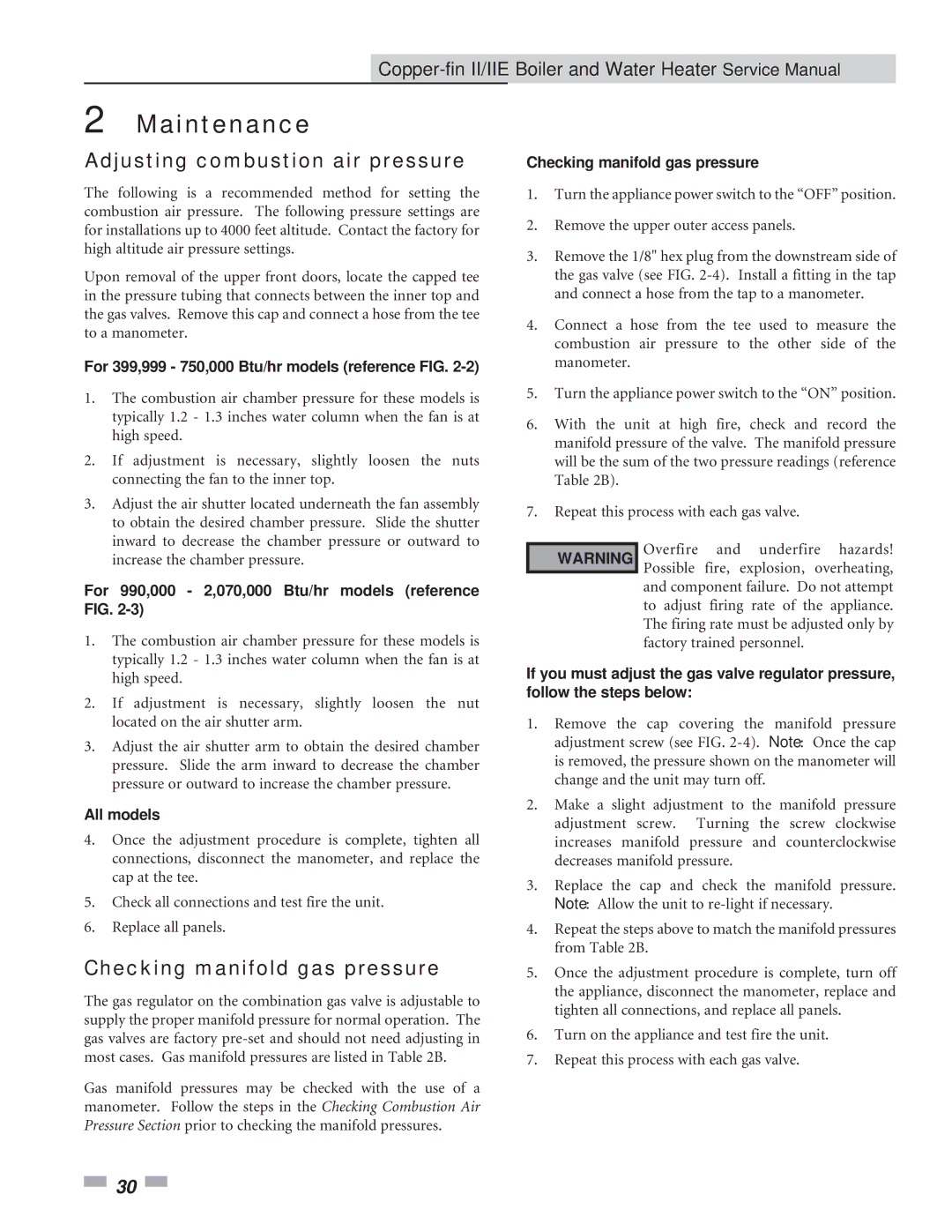 Lochinvar 2072, 402 service manual Adjusting combustion air pressure, Checking manifold gas pressure 