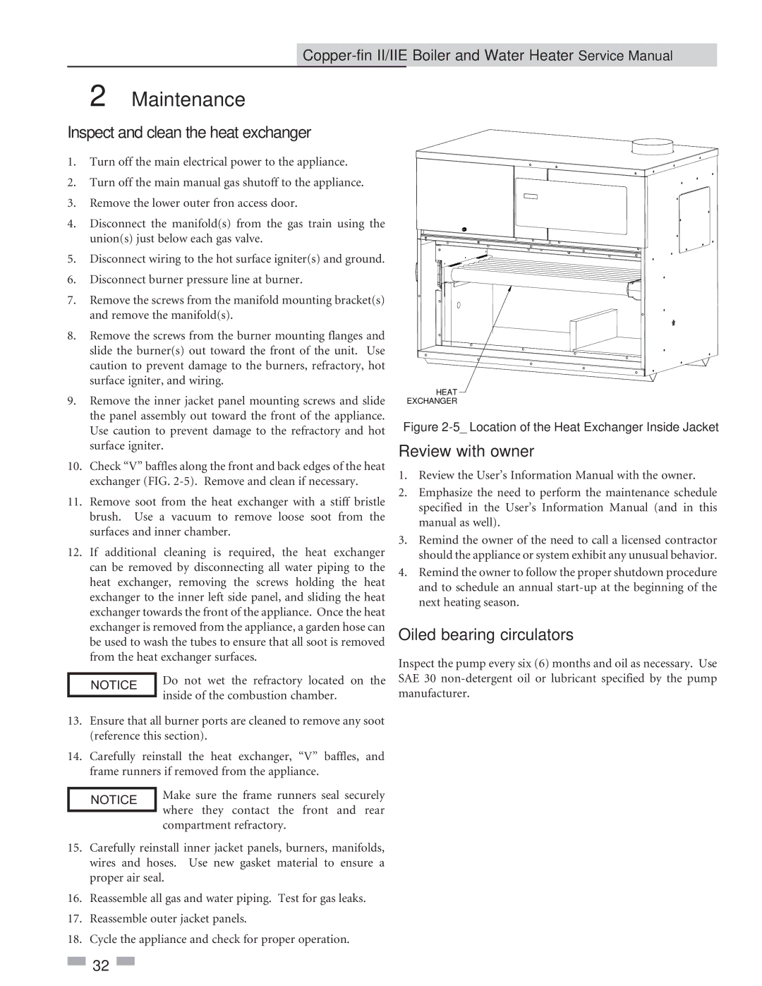 Lochinvar 2072, 402 service manual Inspect and clean the heat exchanger, Review with owner, Oiled bearing circulators 