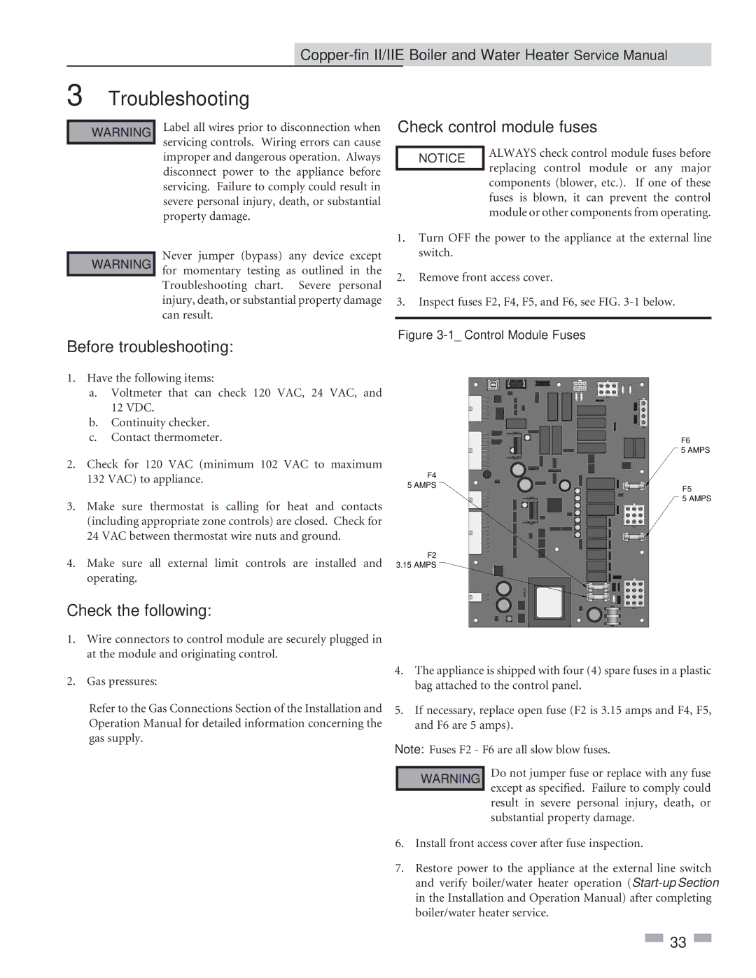 Lochinvar 402, 2072 service manual Troubleshooting, Check control module fuses, Before troubleshooting, Check the following 