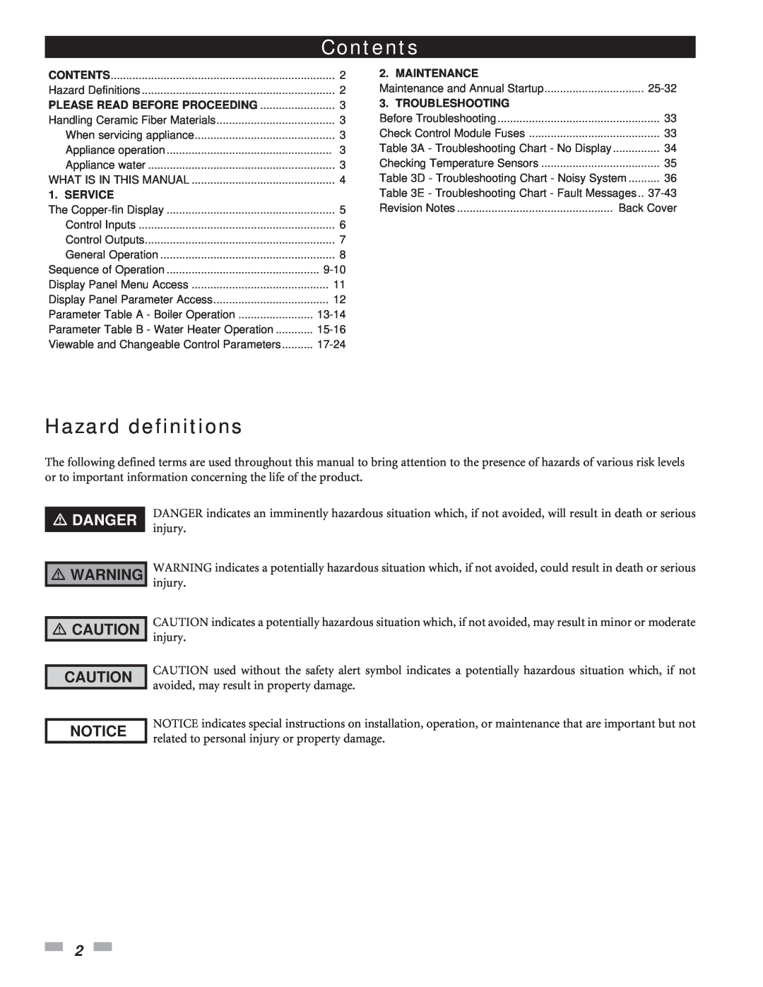 Lochinvar 2072, 402 service manual Hazard definitions, Danger, Contents 