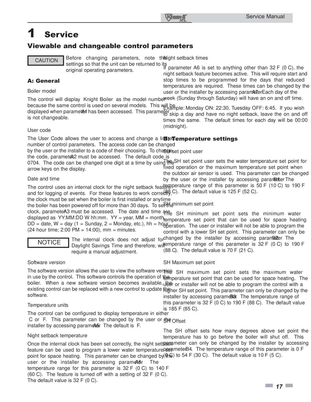 Lochinvar 399 - 800 service manual Viewable and changeable control parameters, Temperature settings 