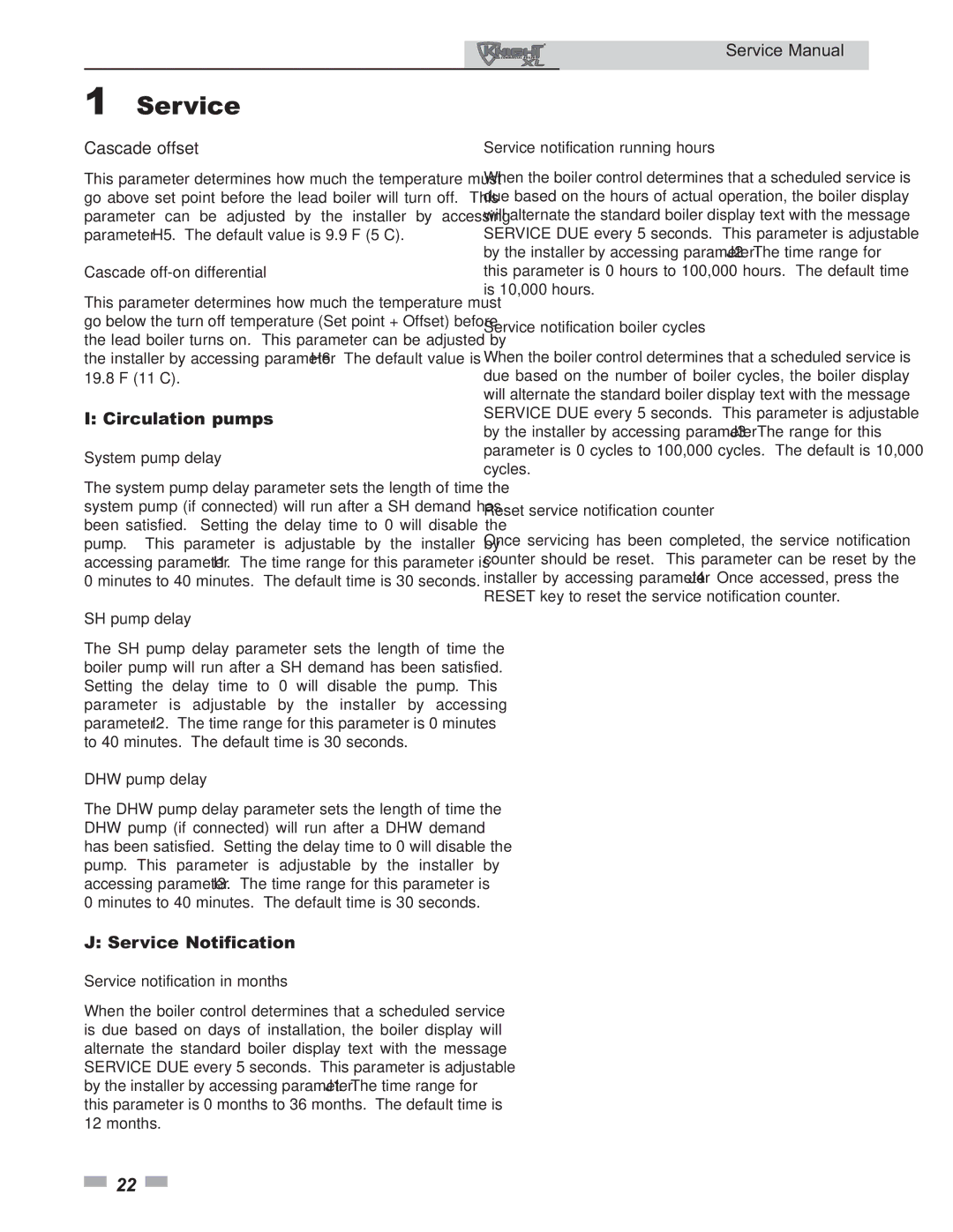 Lochinvar 399 - 800 service manual Cascade offset, Circulation pumps, Service Notification 