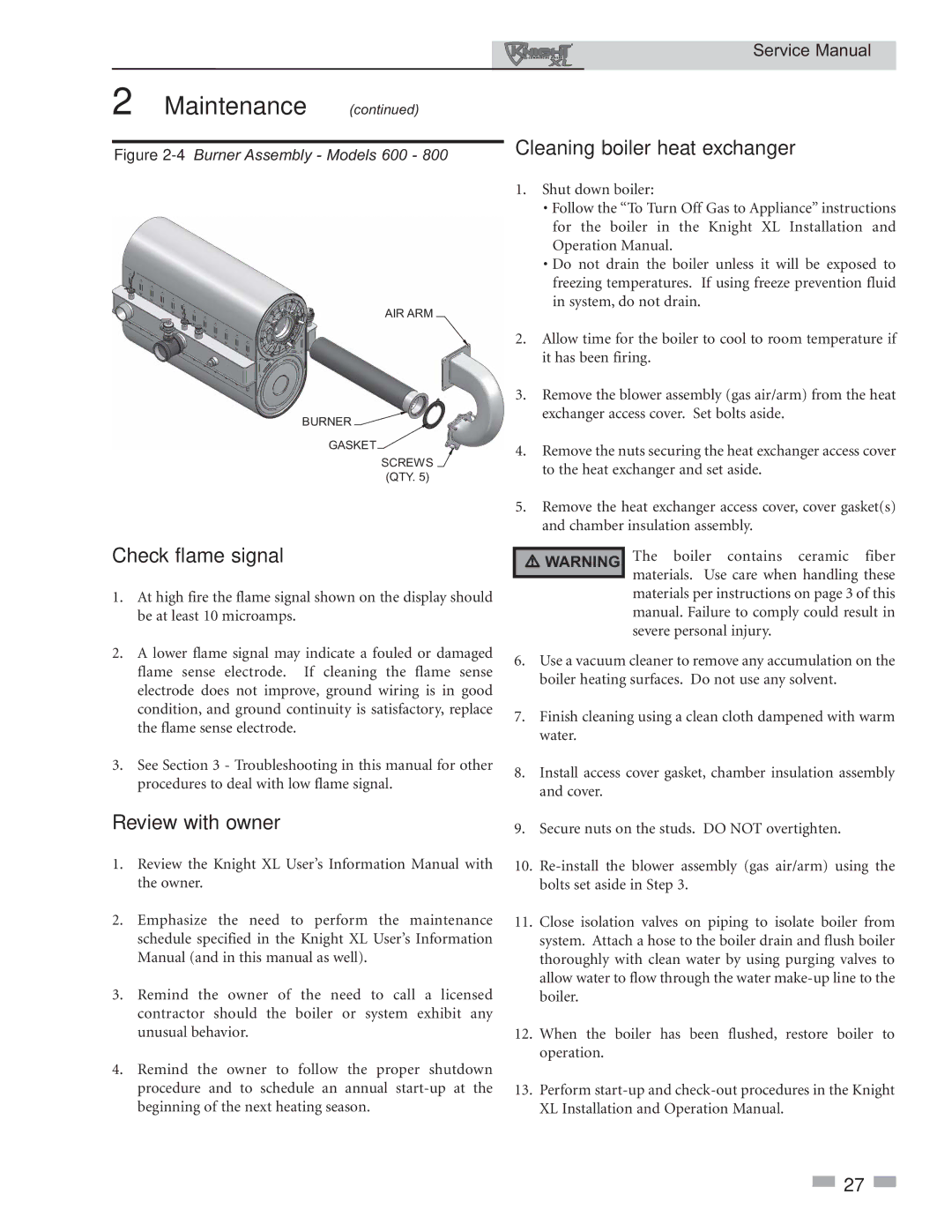 Lochinvar 399 - 800 service manual Check flame signal, Review with owner, Cleaning boiler heat exchanger 