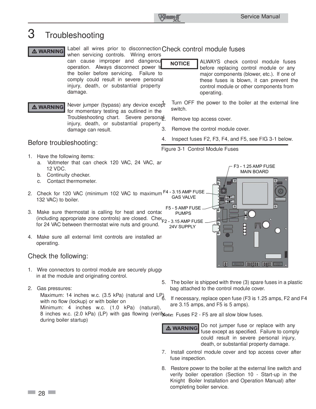 Lochinvar 399 - 800 service manual Troubleshooting, Check control module fuses, Before troubleshooting, Check the following 