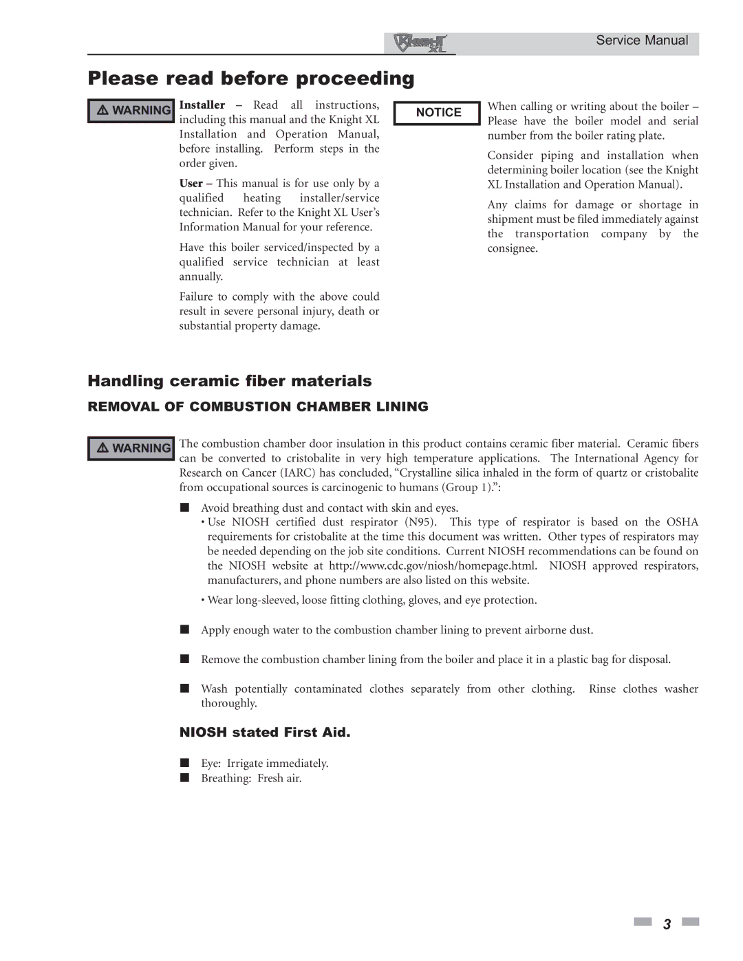 Lochinvar 399 - 800 service manual Please read before proceeding, Handling ceramic fiber materials, Niosh stated First Aid 