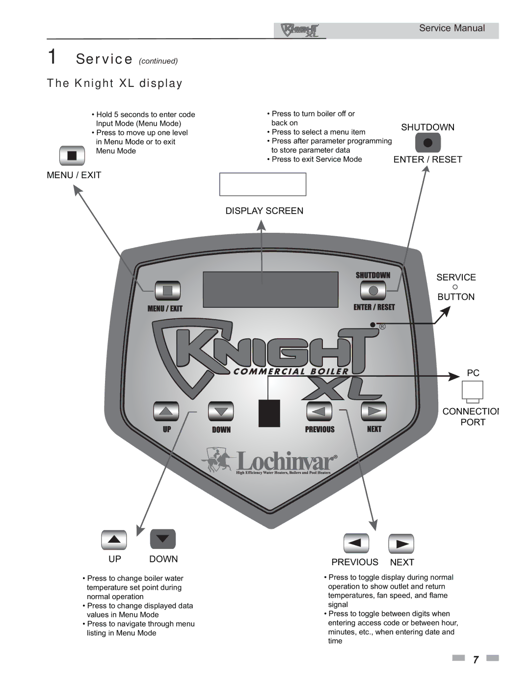 Lochinvar 399 - 800 service manual Knight XL display, Menu / Exit UP Down 