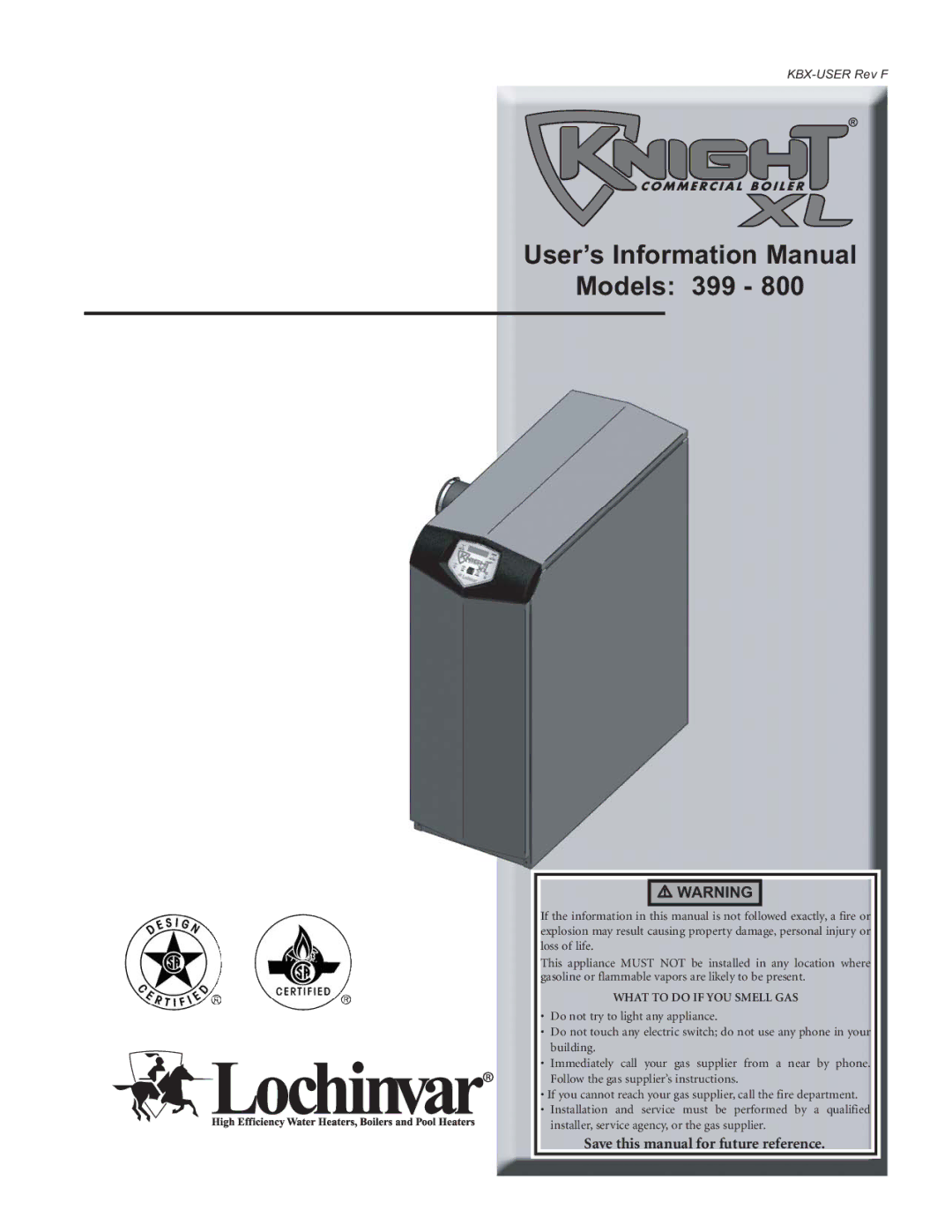 Lochinvar 399 - 800 manual User’s Information Manual Models 399, Save this manual for future reference 