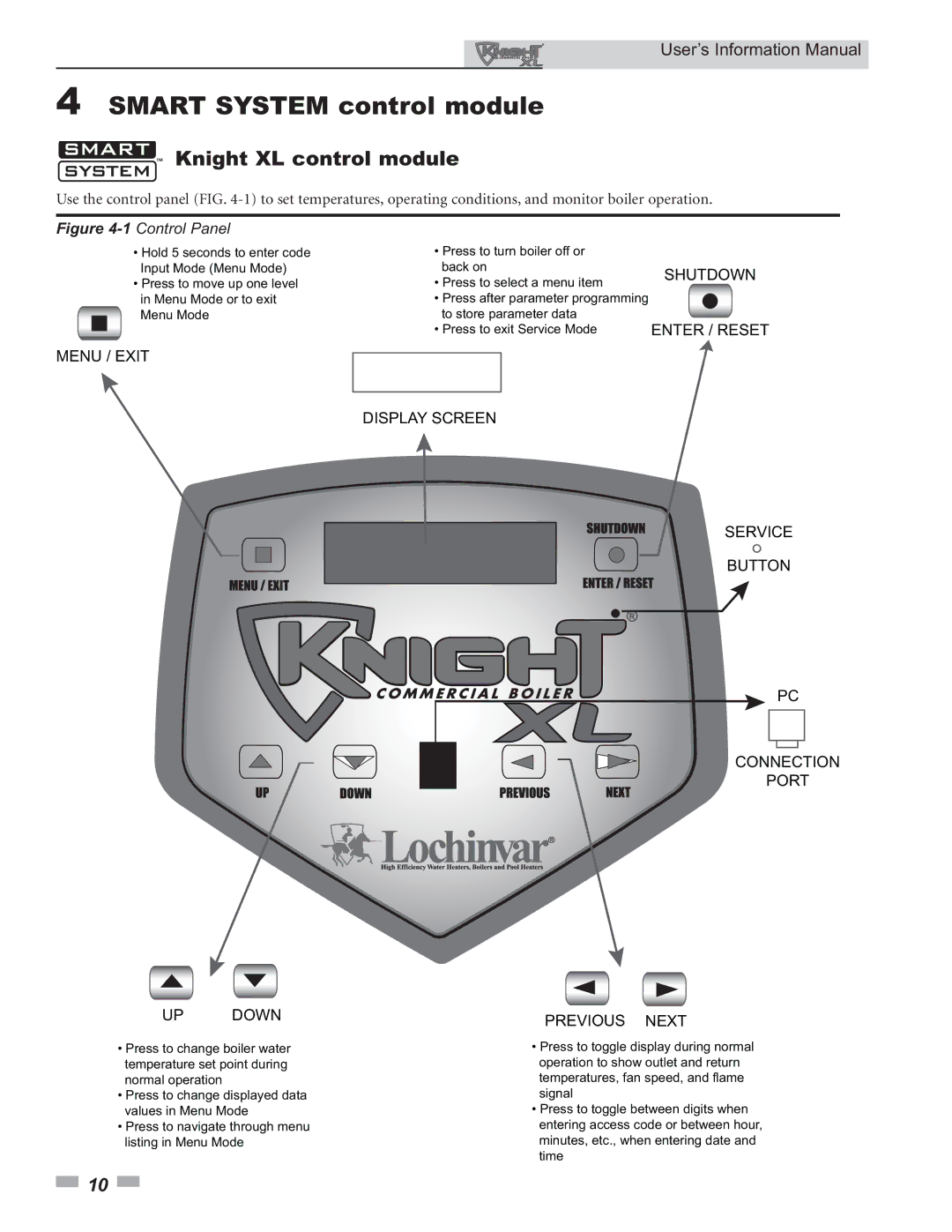 Lochinvar 399 - 800 manual Smart System control module, Knight XL control module 