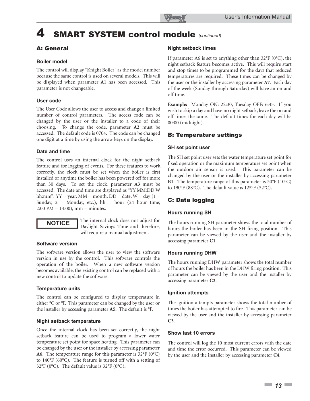 Lochinvar 399 - 800 manual General, Temperature settings, Data logging 