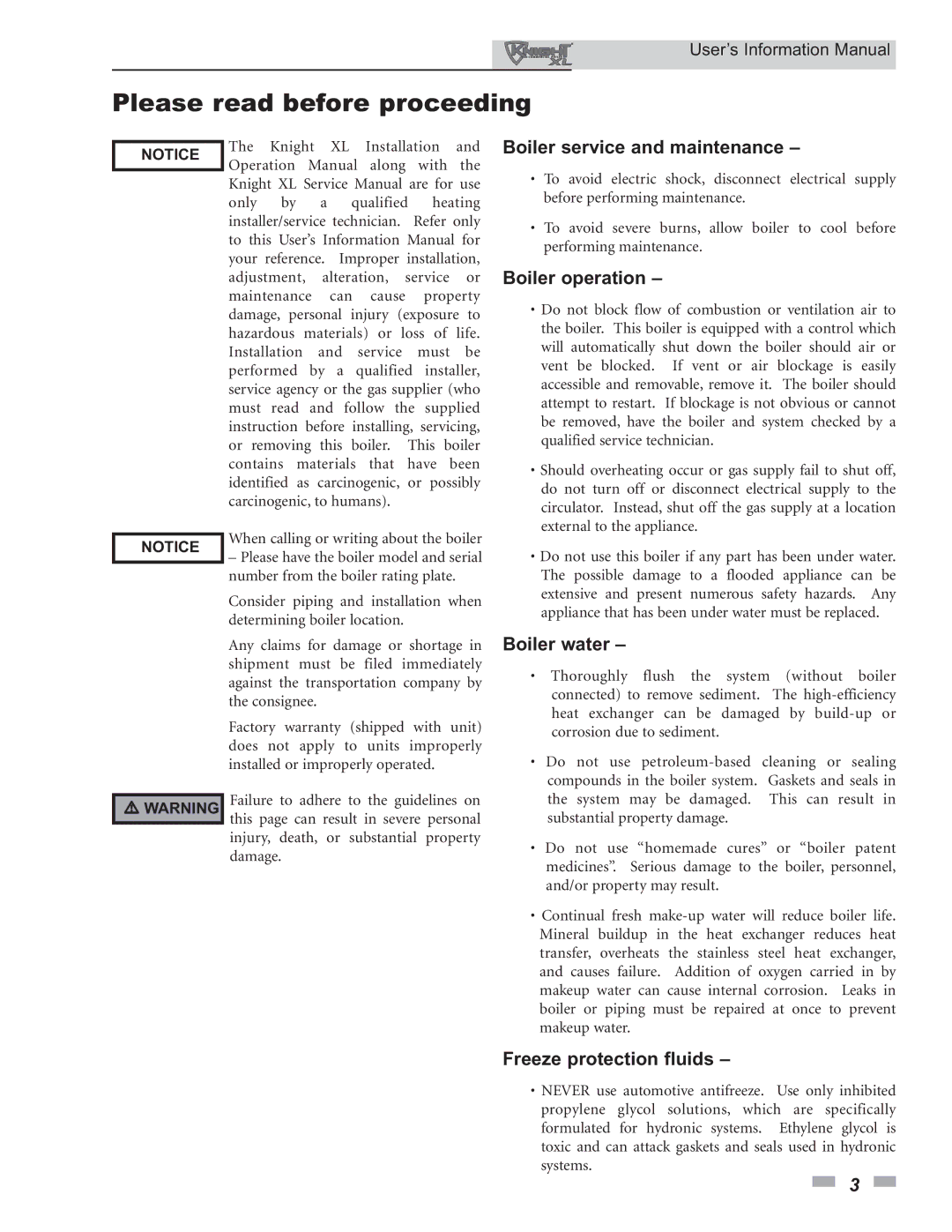 Lochinvar 399 - 800 manual Please read before proceeding, Boiler service and maintenance 