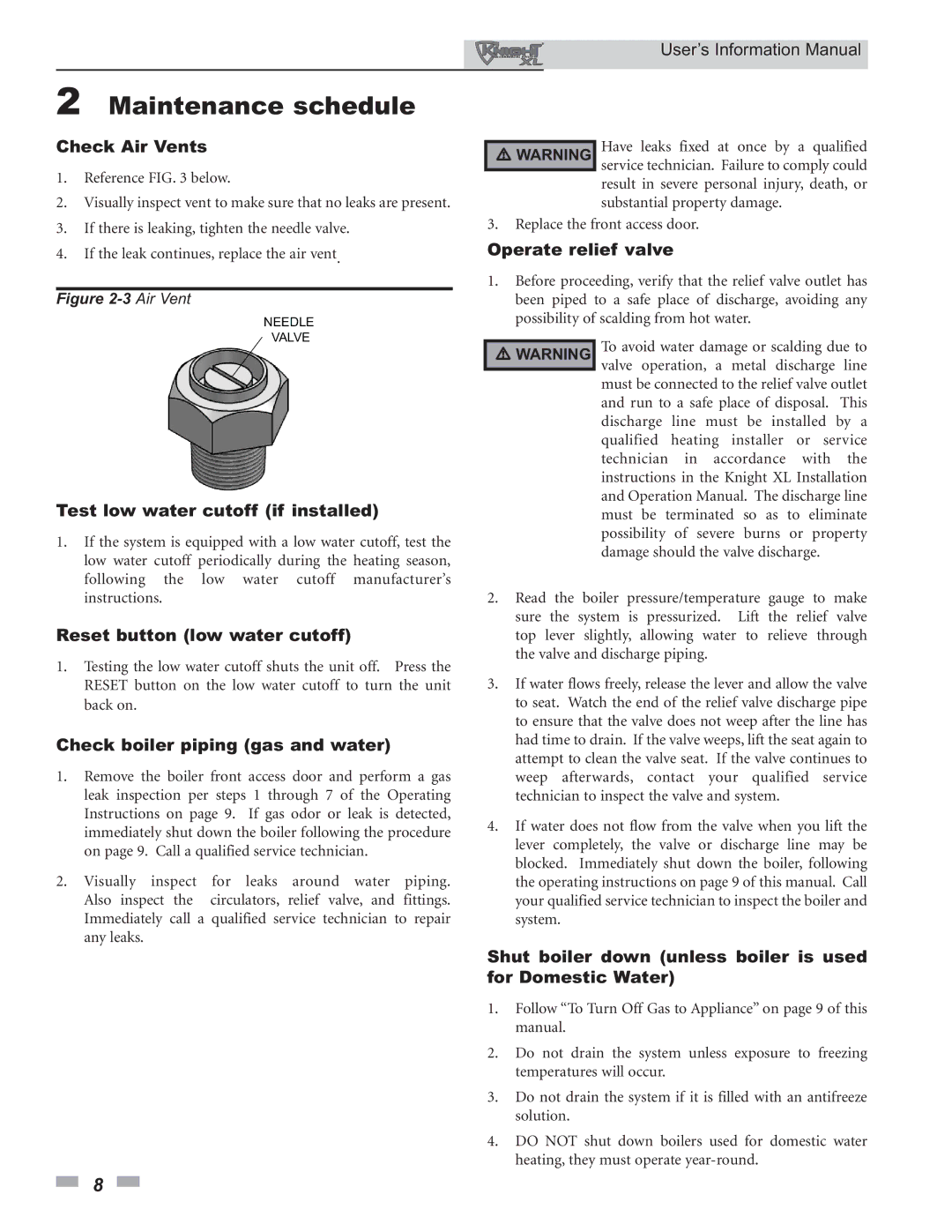 Lochinvar 399 - 800 manual Check Air Vents, Operate relief valve, Test low water cutoff if installed 