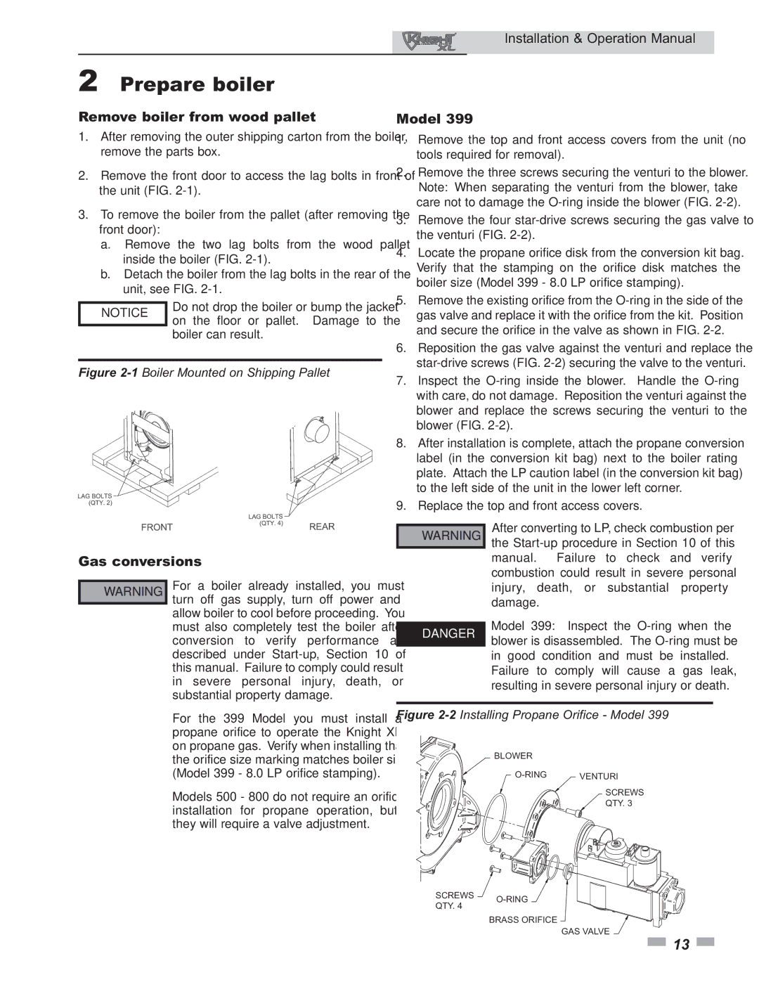 Lochinvar 399 operation manual Prepare boiler, Remove boiler from wood pallet, Model, Gas conversions 