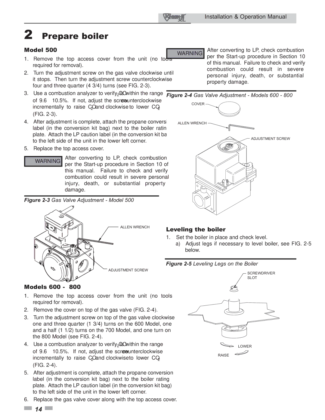 Lochinvar 399 operation manual Leveling the boiler, Models 600 