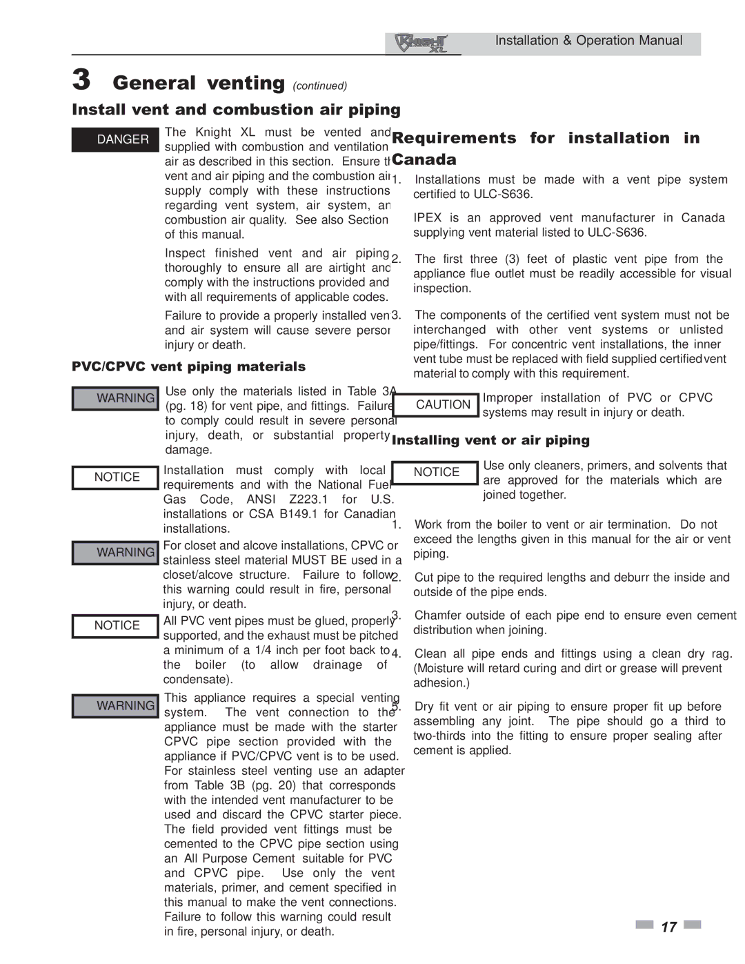 Lochinvar 399 General venting, Install vent and combustion air piping, Requirements for installation in Canada 