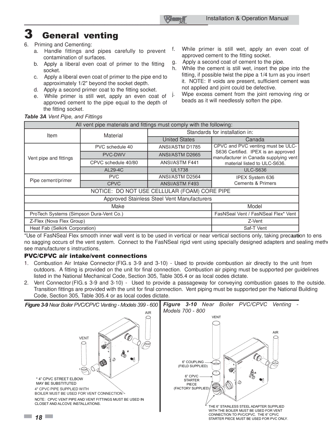 Lochinvar 399 operation manual PVC/CPVC air intake/vent connections, Approved Stainless Steel Vent Manufacturers, Make 