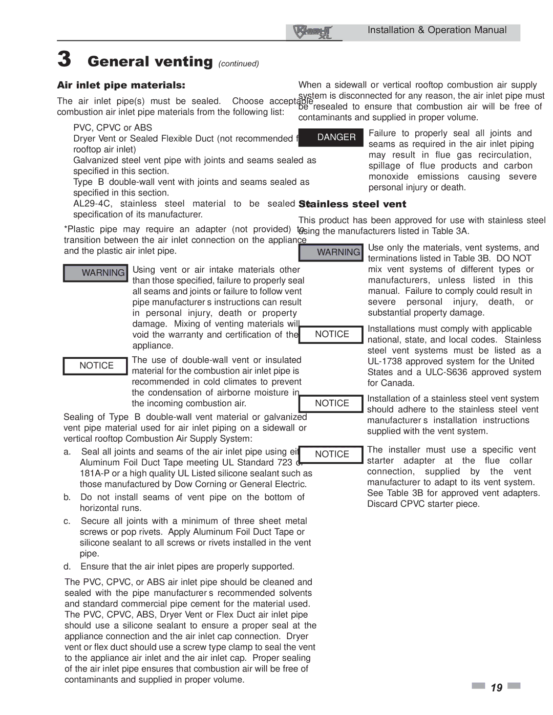 Lochinvar 399 operation manual Air inlet pipe materials, Stainless steel vent 