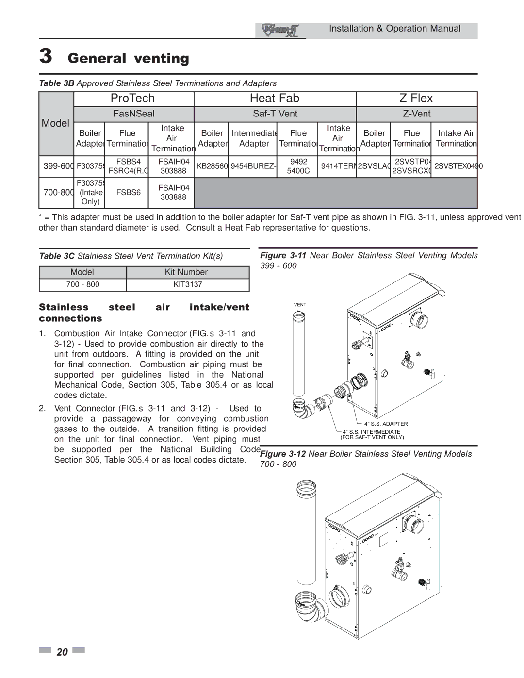 Lochinvar 399 operation manual FasNSeal Saf-T Vent, Stainless steel air intake/vent connections 