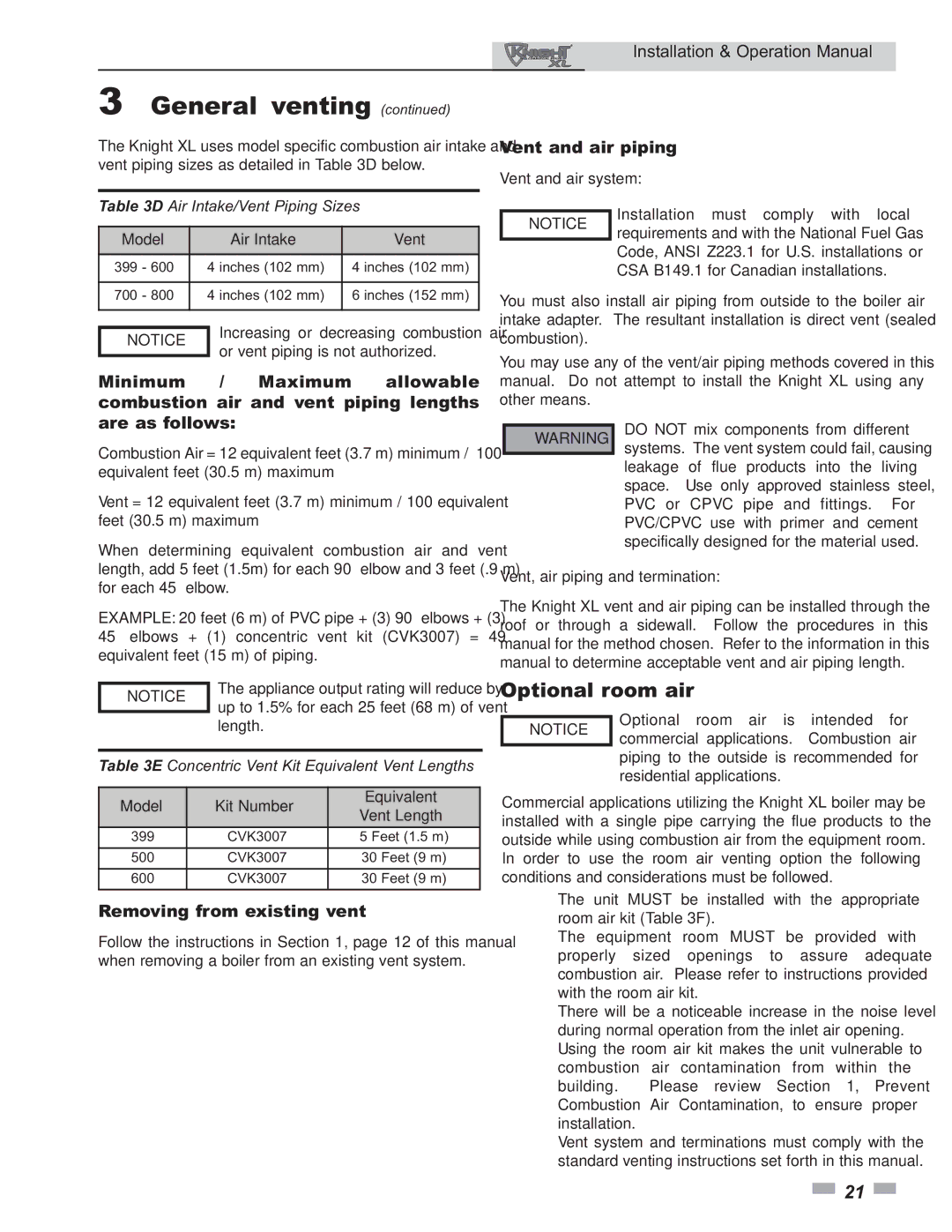 Lochinvar 399 operation manual Optional room air, Removing from existing vent 