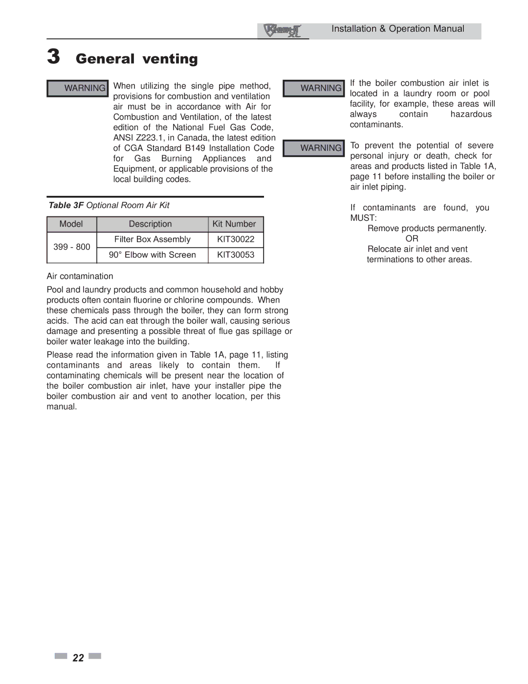 Lochinvar 399 operation manual Model Description Kit Number, Air contamination 