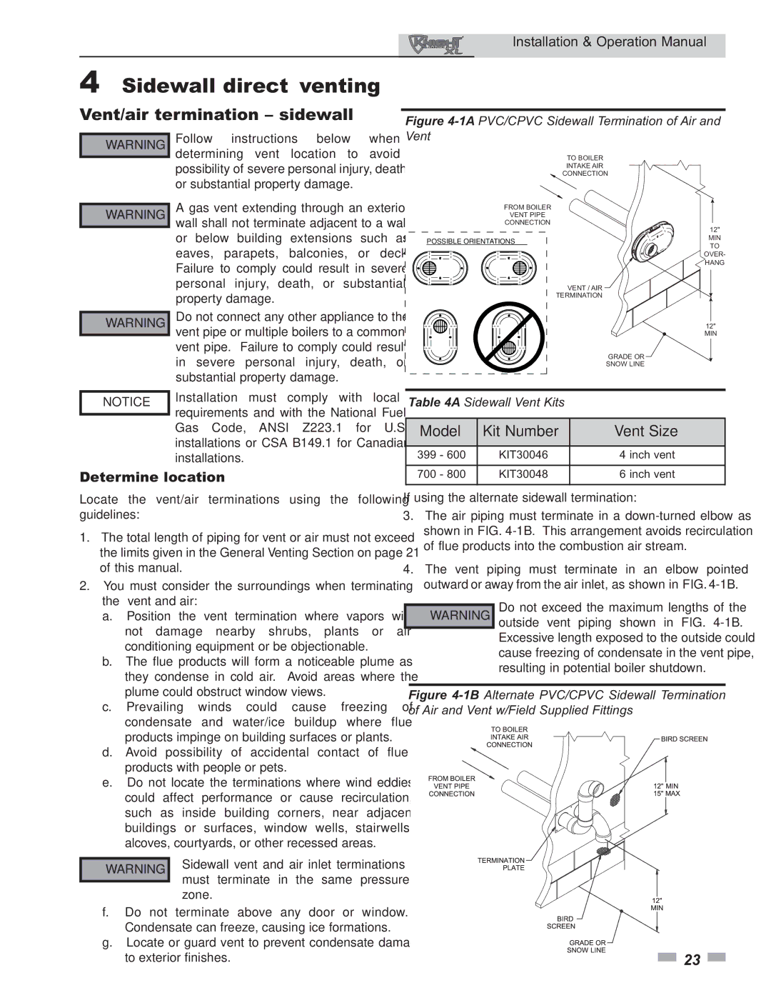 Lochinvar 399 operation manual Sidewall direct venting, Vent/air termination sidewall, Determine location 