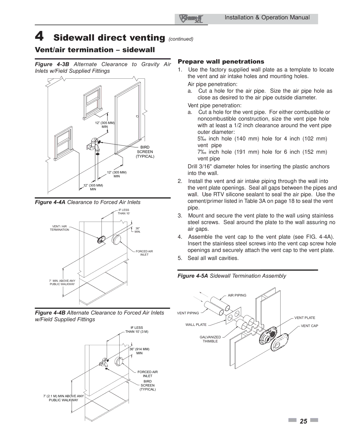 Lochinvar 399 operation manual Prepare wall penetrations, Bird Screen Typical 