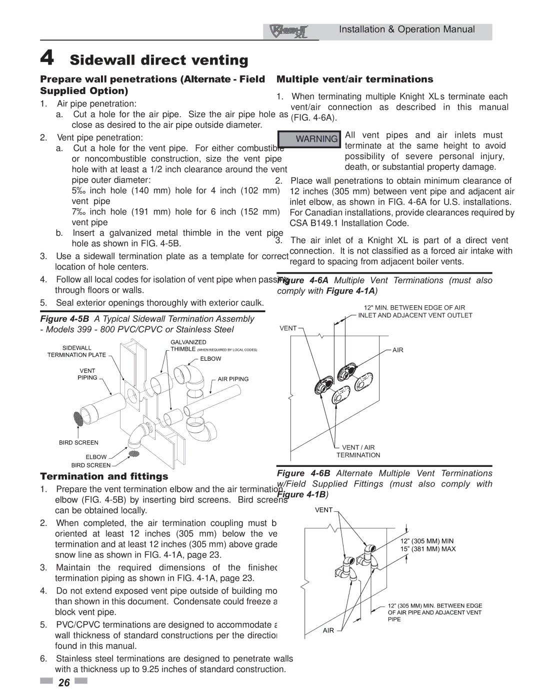 Lochinvar 399 operation manual Prepare wall penetrations Alternate Field Supplied Option, Multiple vent/air terminations 