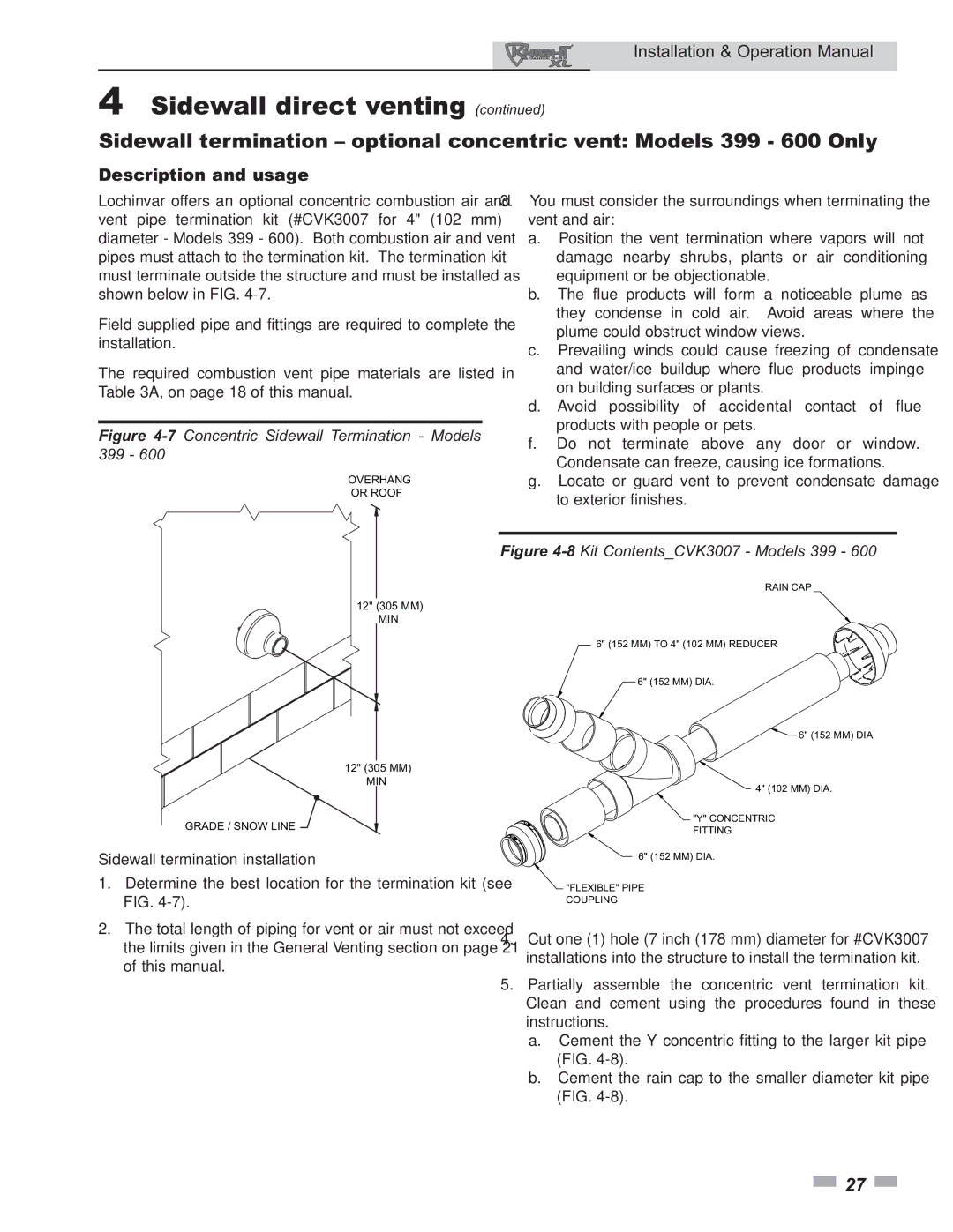 Lochinvar 399 operation manual Description and usage, Sidewall termination installation 