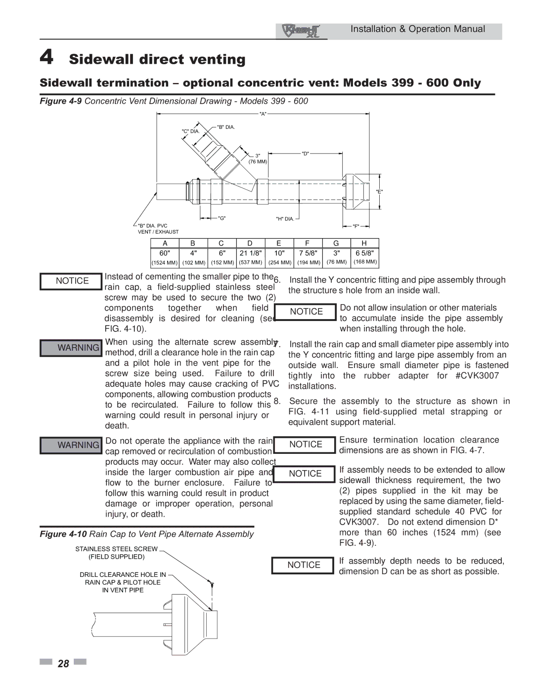 Lochinvar operation manual 9Concentric Vent Dimensional Drawing Models 399 