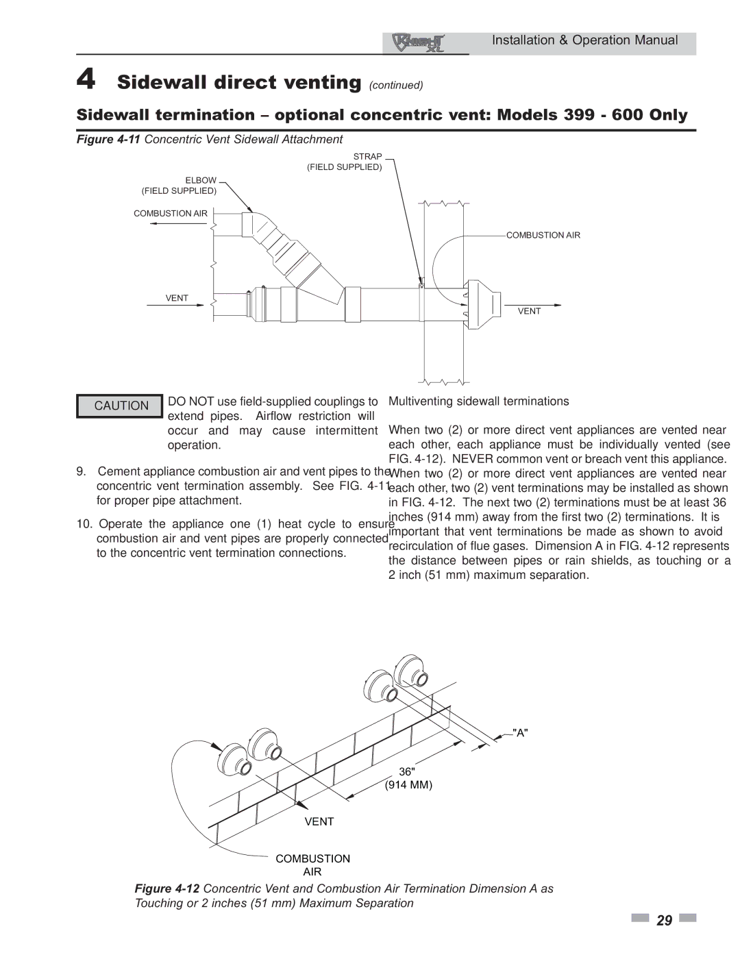 Lochinvar 399 operation manual 11Concentric Vent Sidewall Attachment, Multiventing sidewall terminations 