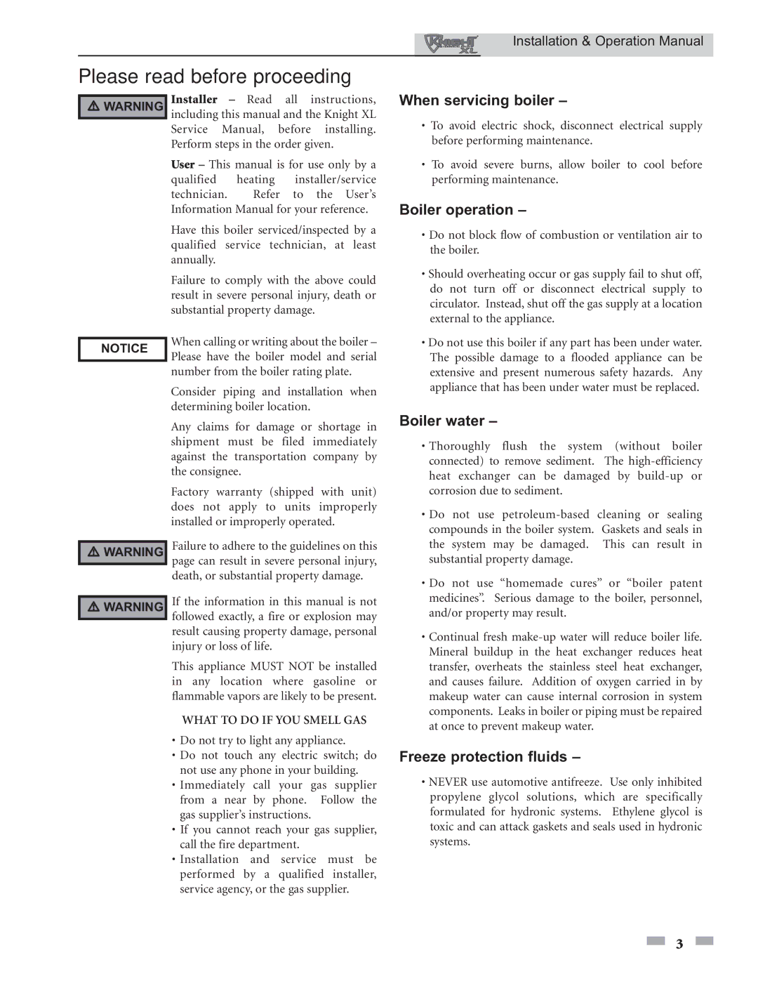 Lochinvar 399 operation manual Please read before proceeding, When servicing boiler 