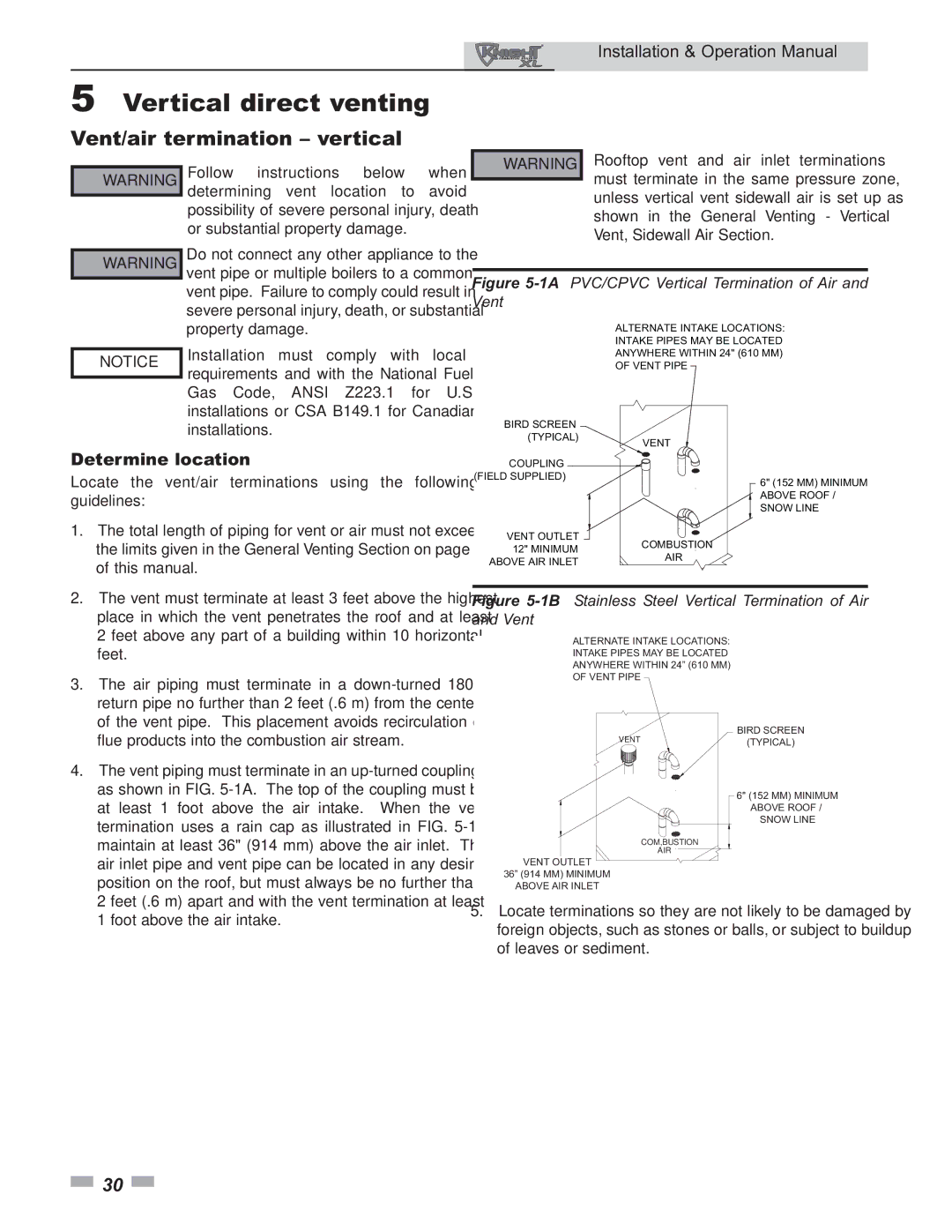 Lochinvar 399 operation manual Vertical direct venting, Vent/air termination vertical 