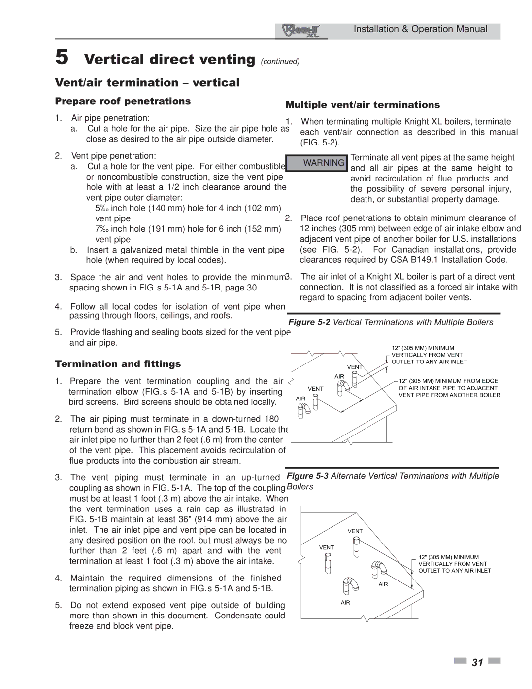 Lochinvar 399 operation manual Prepare roof penetrations, 2Vertical Terminations with Multiple Boilers 