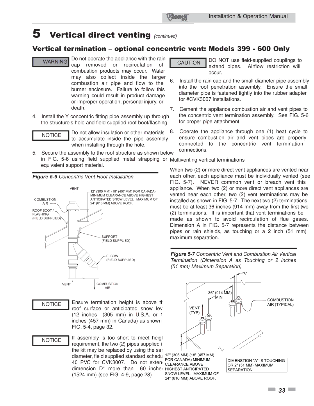 Lochinvar 399 operation manual Multiventing vertical terminations, Mm see -9 