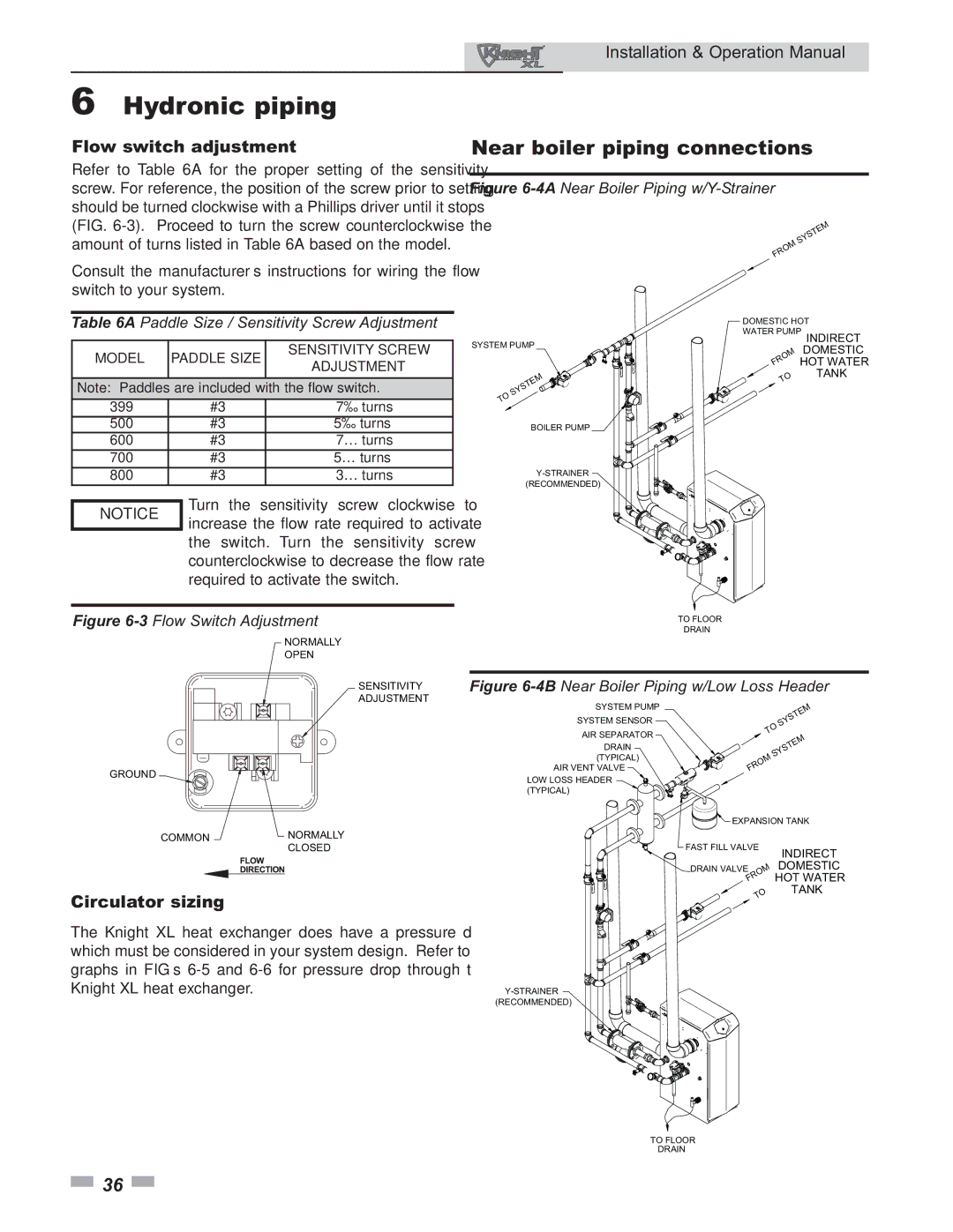 Lochinvar 399 operation manual Near boiler piping connections, Flow switch adjustment, Circulator sizing 