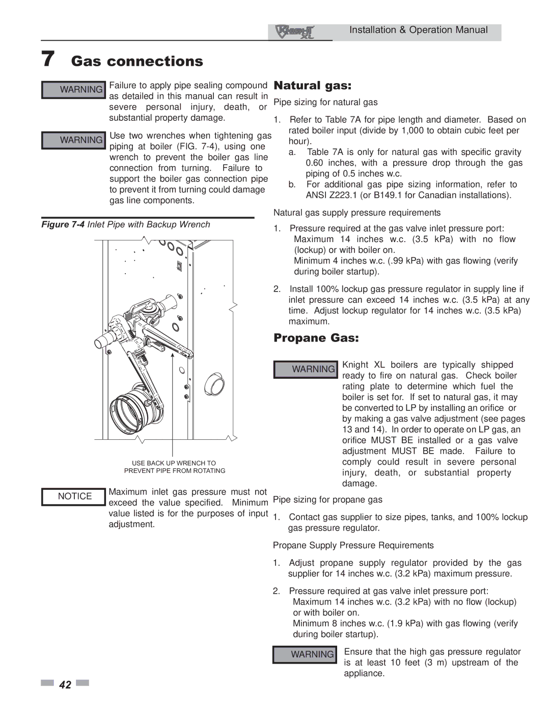 Lochinvar 399 operation manual Natural gas, Propane Gas 