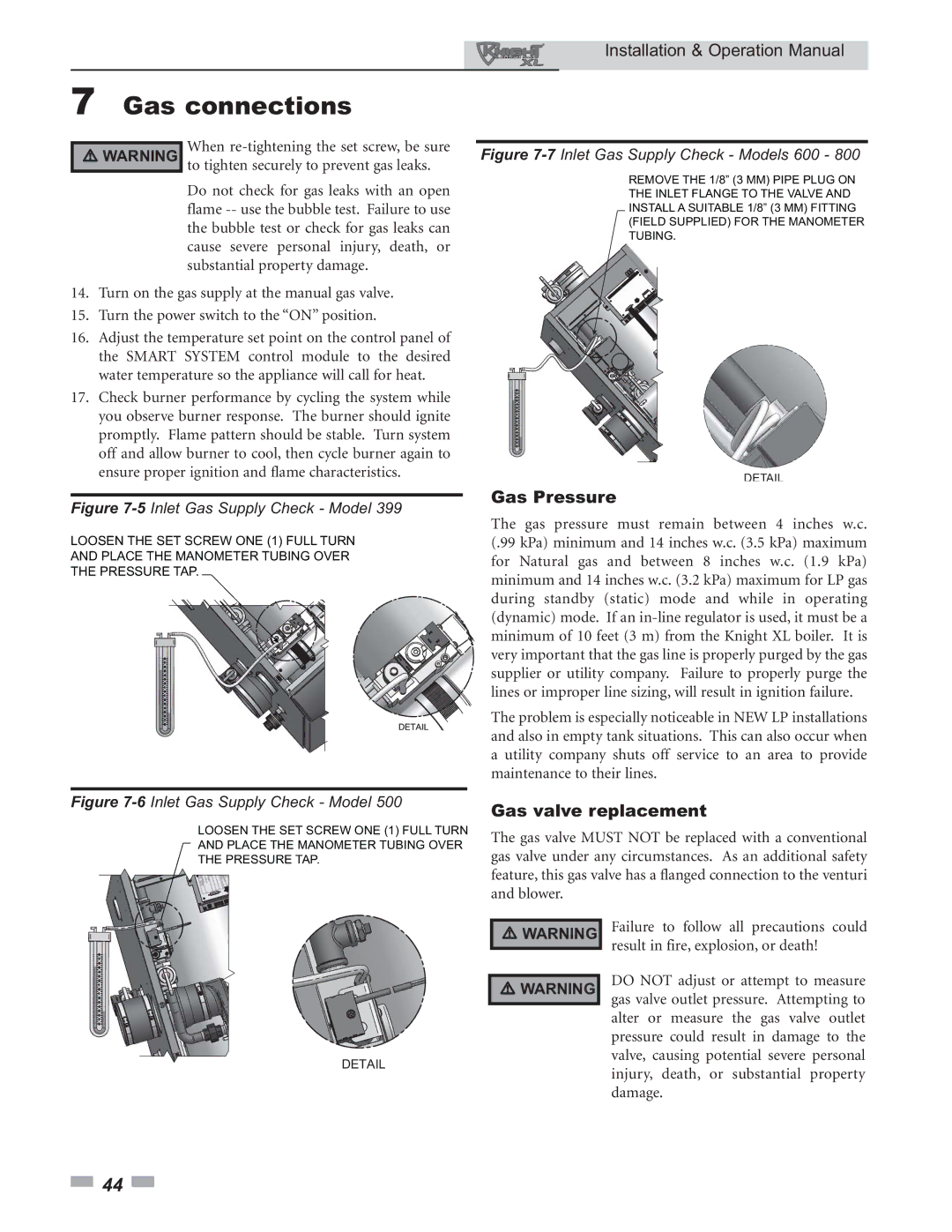 Lochinvar 399 operation manual Gas Pressure, Gas valve replacement 