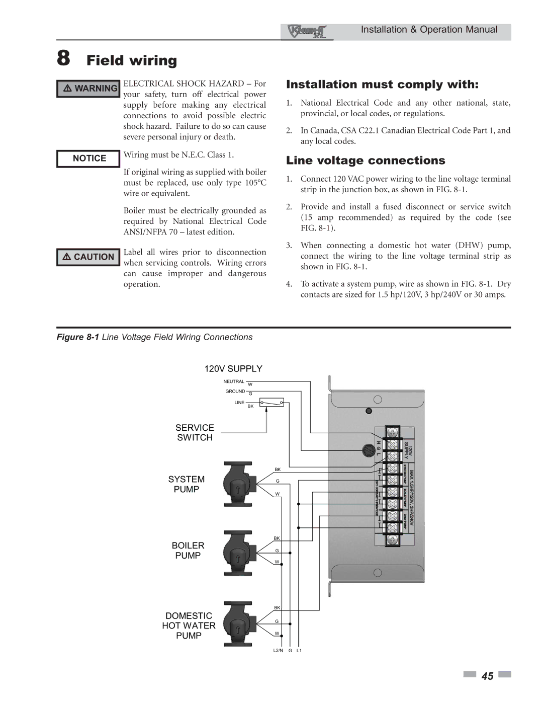 Lochinvar 399 operation manual Field wiring, Installation must comply with, Line voltage connections 