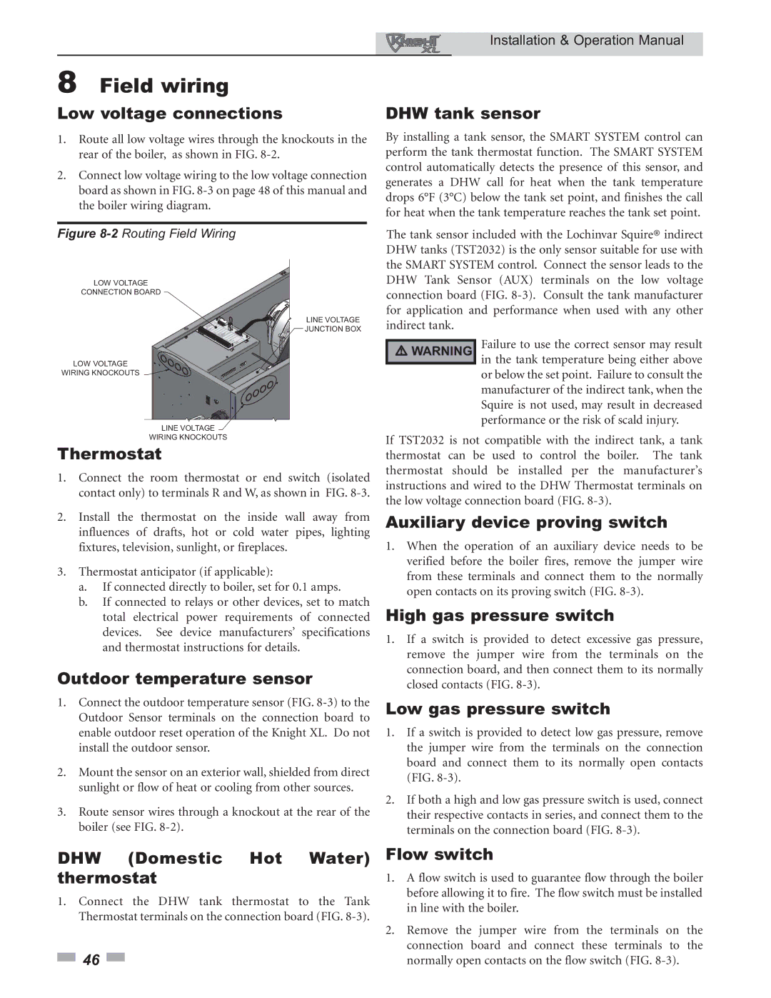 Lochinvar 399 Low voltage connections, Thermostat, Outdoor temperature sensor, DHW tank sensor, High gas pressure switch 