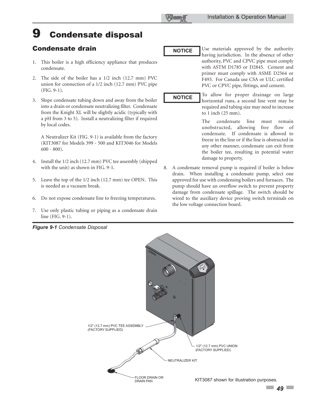 Lochinvar 399 operation manual Condensate disposal, Condensate drain 