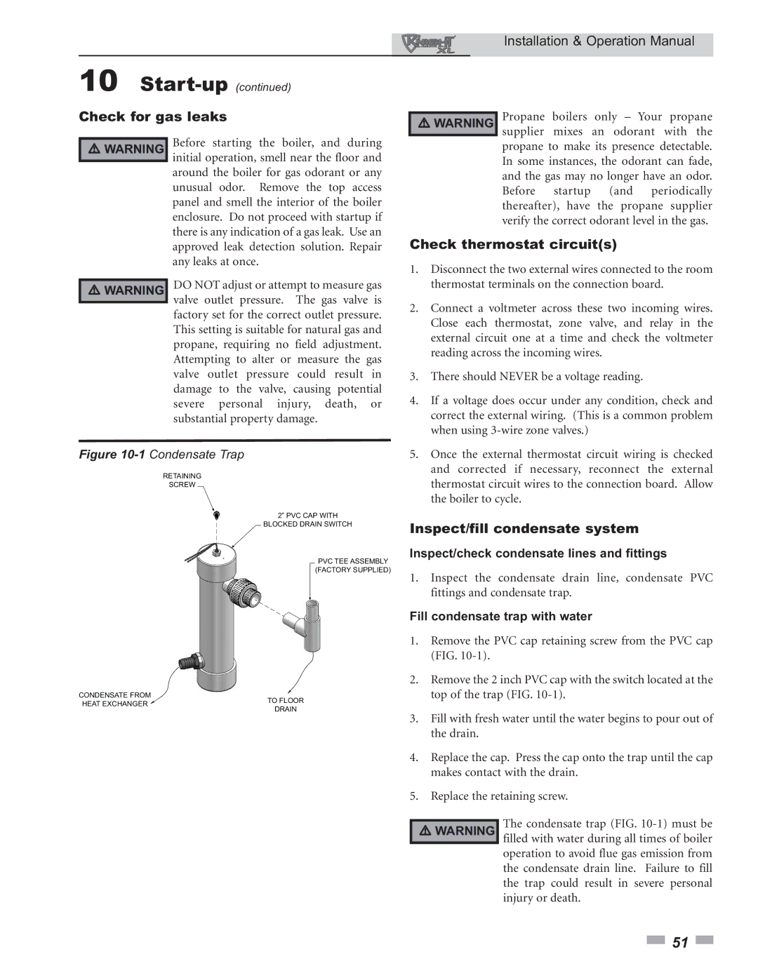 Lochinvar 399 operation manual Check for gas leaks, Check thermostat circuits, Inspect/fill condensate system 