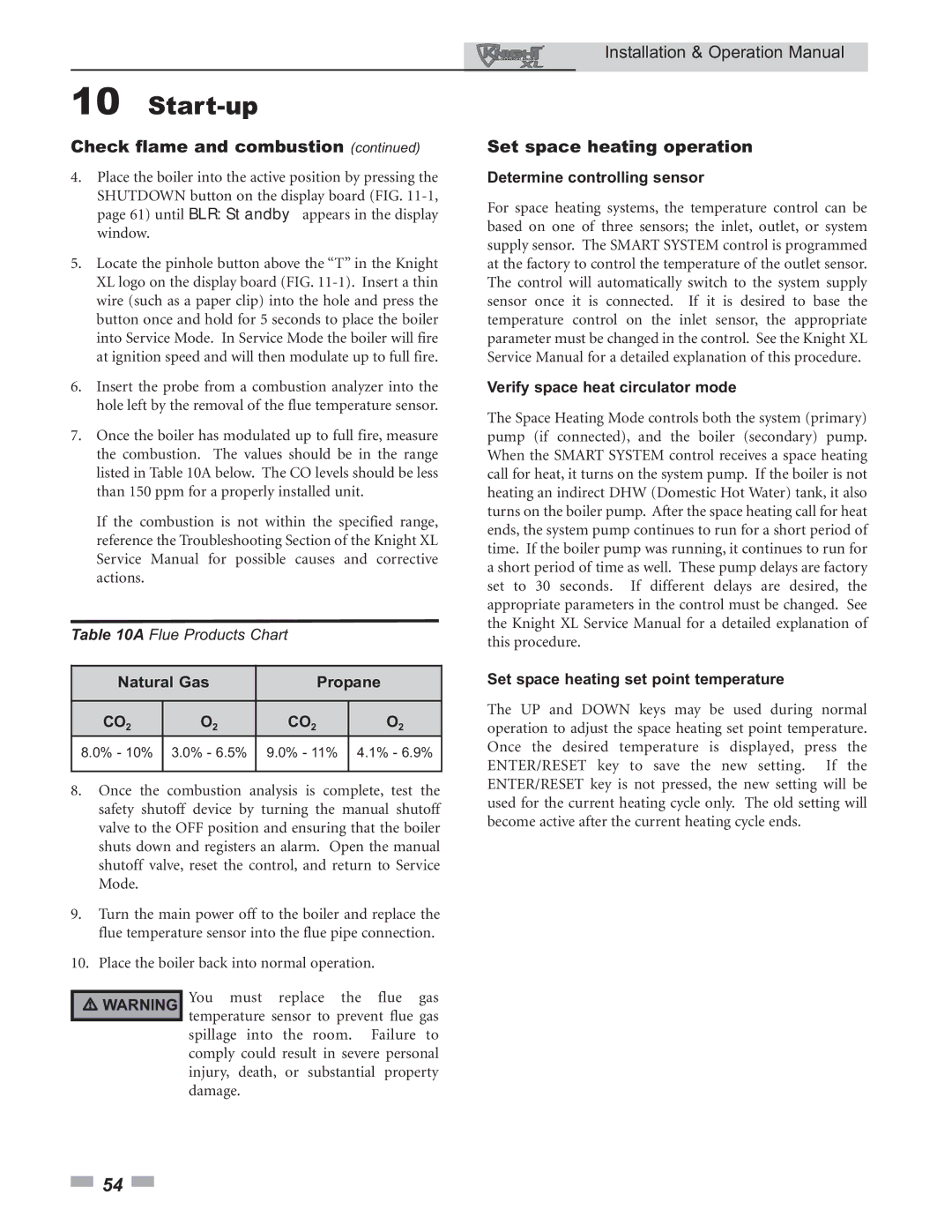 Lochinvar 399 operation manual Set space heating operation, Natural Gas Propane 