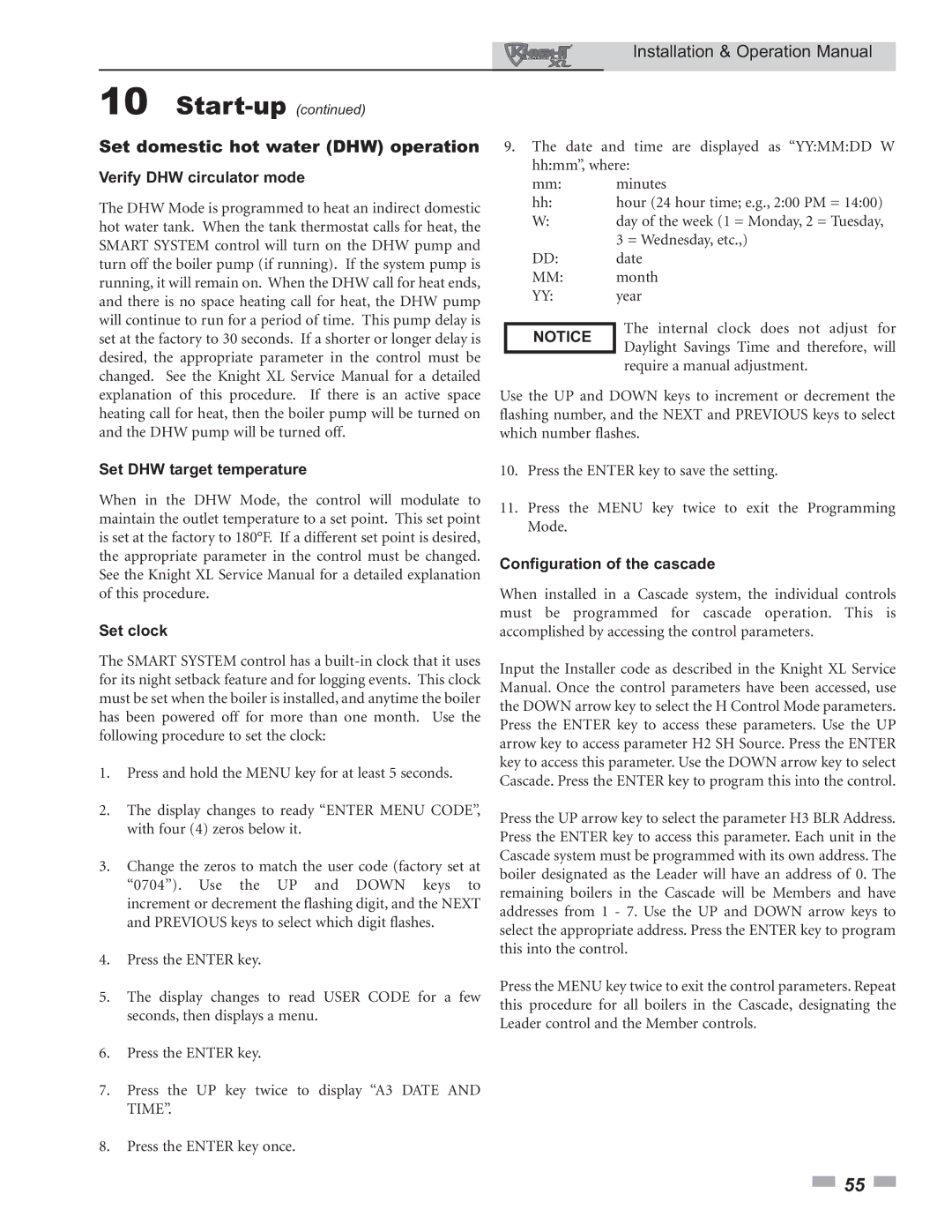 Lochinvar 399 operation manual Set domestic hot water DHW operation, Configuration of the cascade 