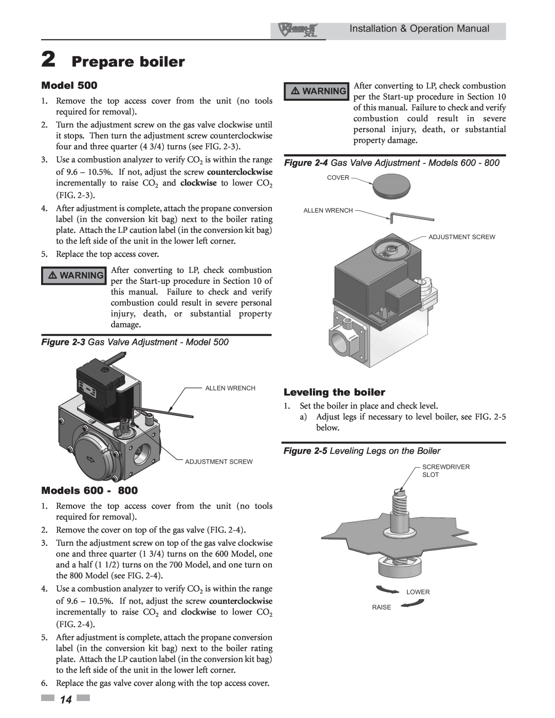Lochinvar 399 operation manual 2Prepare boiler, Installation & Operation Manual, Leveling the boiler, Models 600 