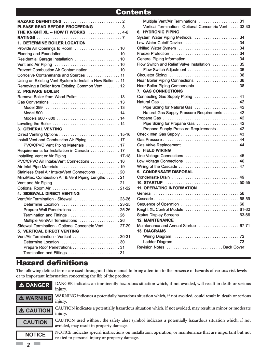Lochinvar 399 operation manual Hazard definitions, Danger, Caution Caution Notice, Contents 