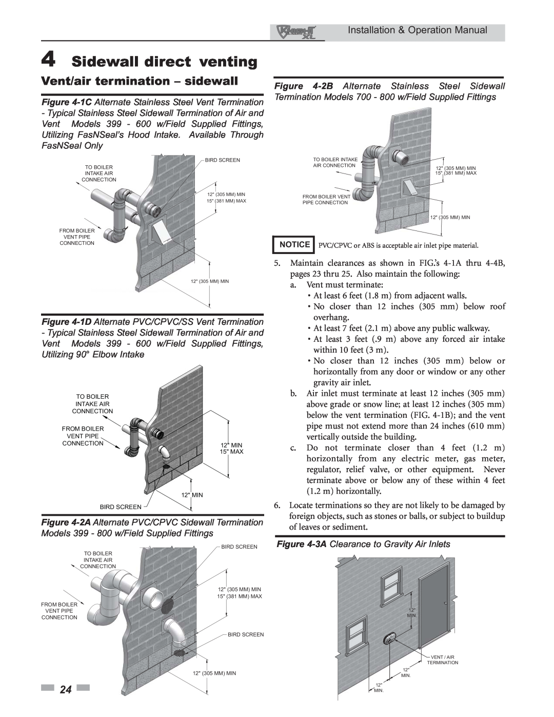 Lochinvar 399 operation manual Sidewall direct venting, Vent/air termination – sidewall, Installation & Operation Manual 